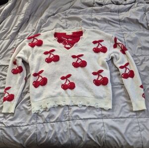 EUC 🍒 Altar'd State Cherry Distressed V-Neck Sweater, Large, White/Red